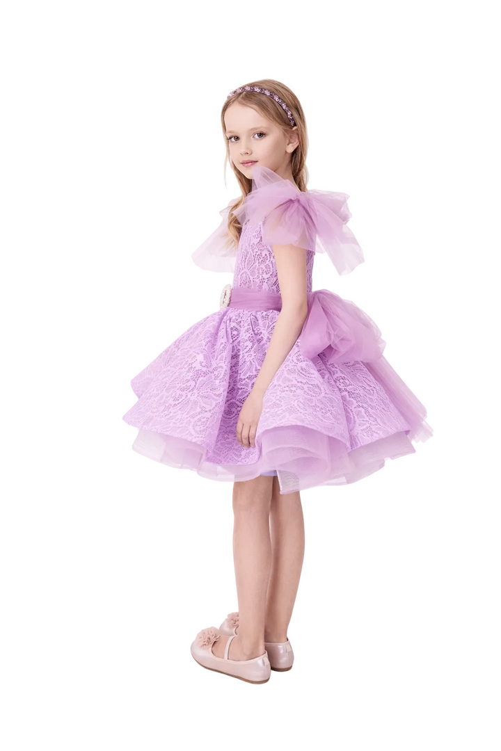 Layered Lace Party Dress with Tulle Ruffle Shoulders – LILAC