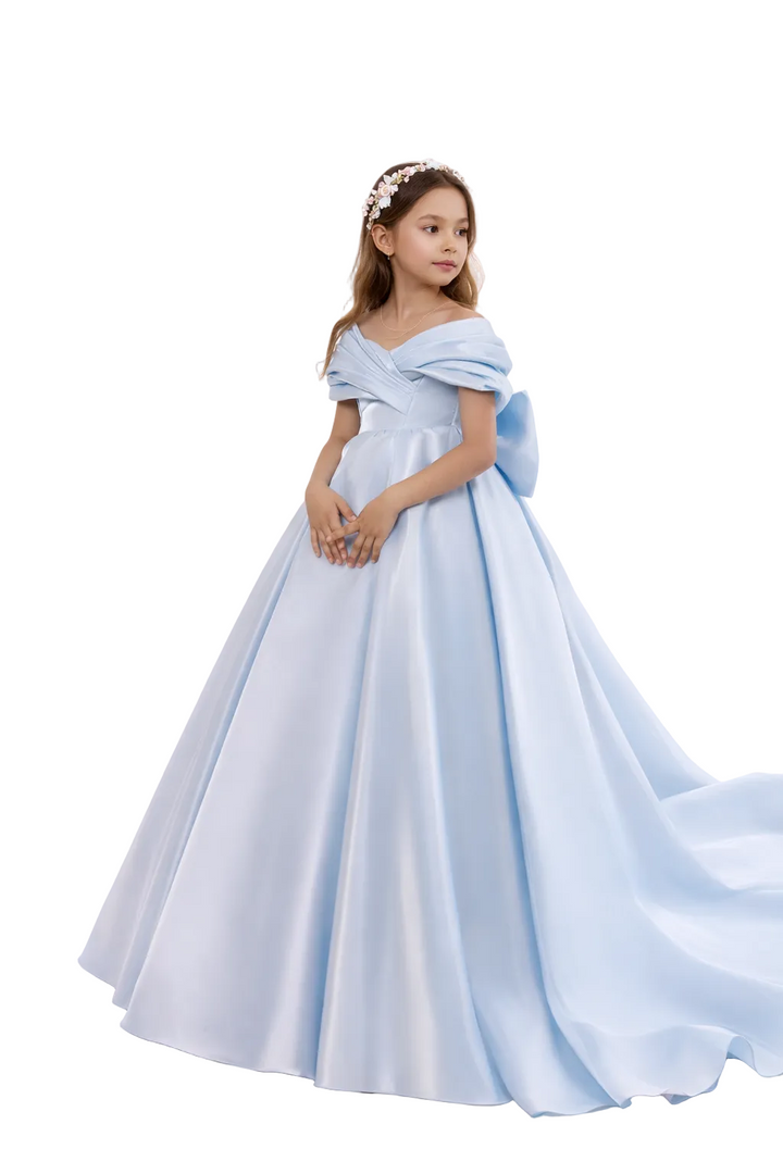 Off-Shoulder Satin Ball Gown with Back Bow Detail – AURORA