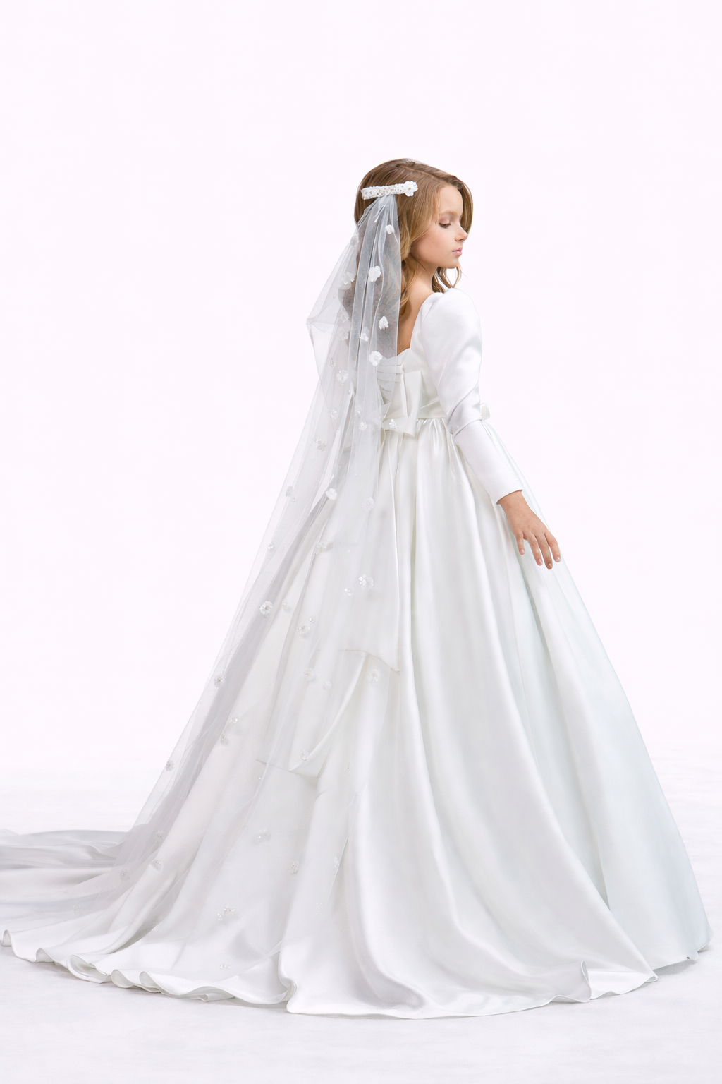 Long-Sleeve Satin Communion Gown with Soft Veil – SERAPHINA