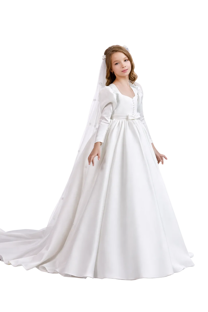 Long-Sleeve Satin Communion Gown with Soft Veil – SERAPHINA