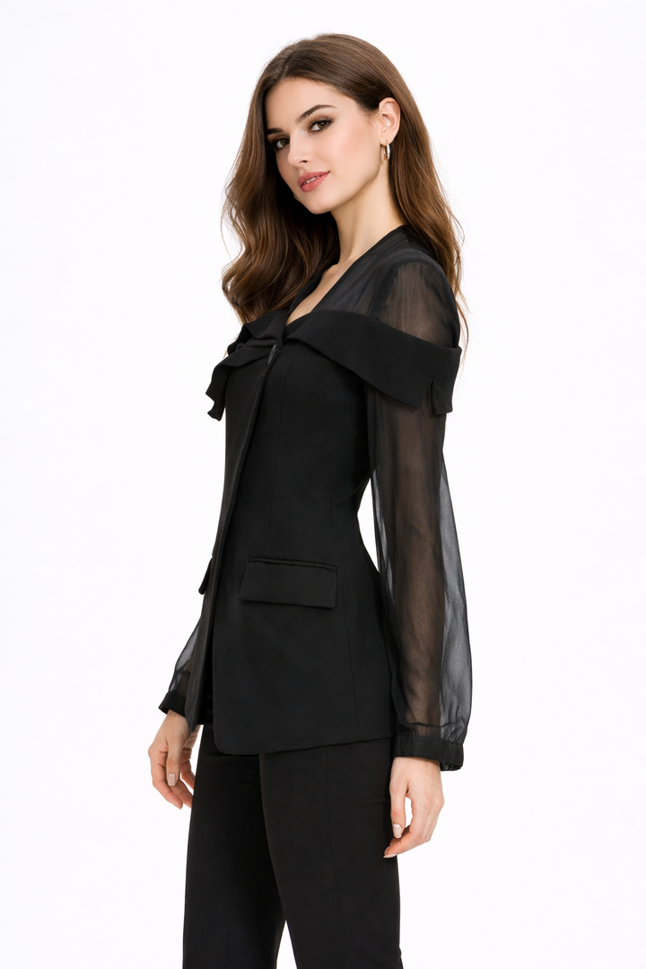 Structured blazer with sheer sleeves and bow detail – AMONA