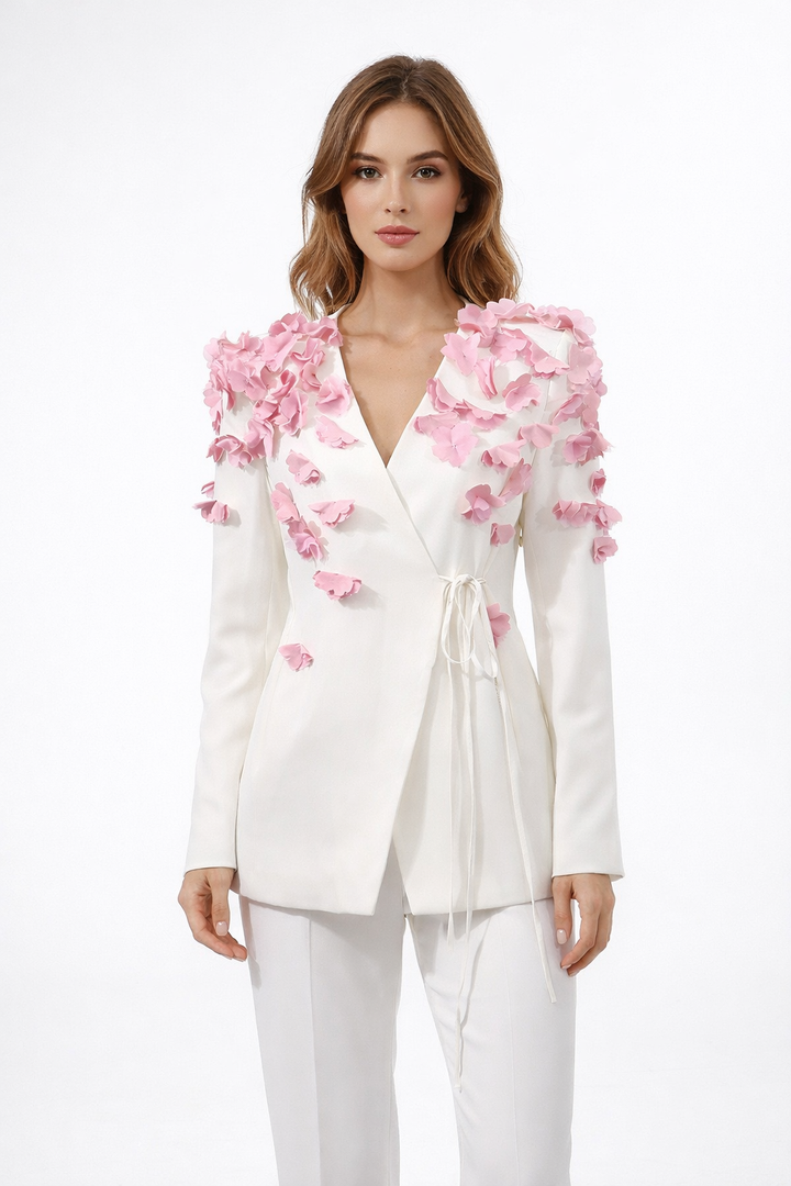 wrap blazer with 3D floral shoulder appliqué – BLOSSOM