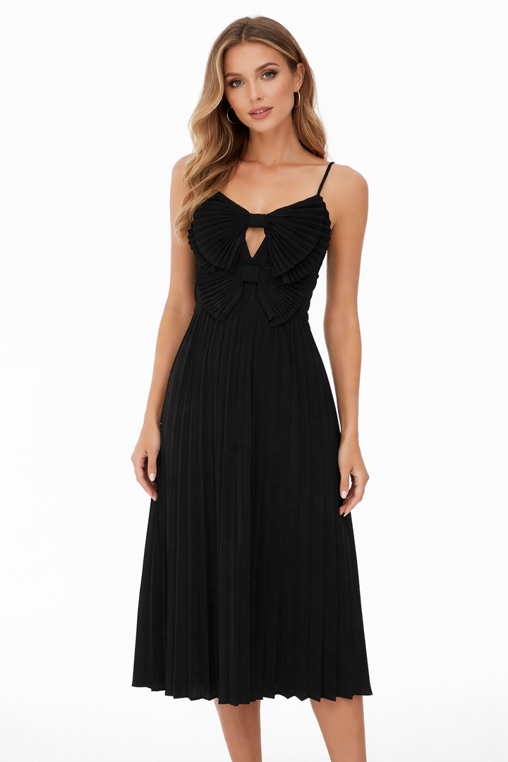 pleated midi dress with bow-front cutout bodice – LUMIÈRE