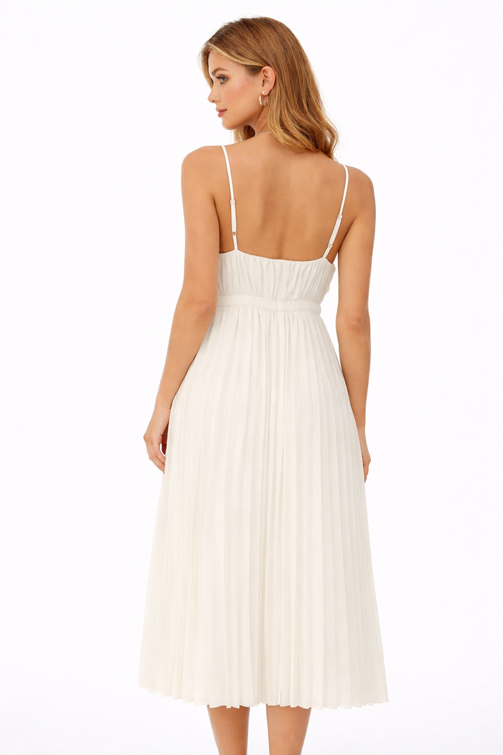 pleated midi dress with bow-front cutout bodice – LUMIÈRE