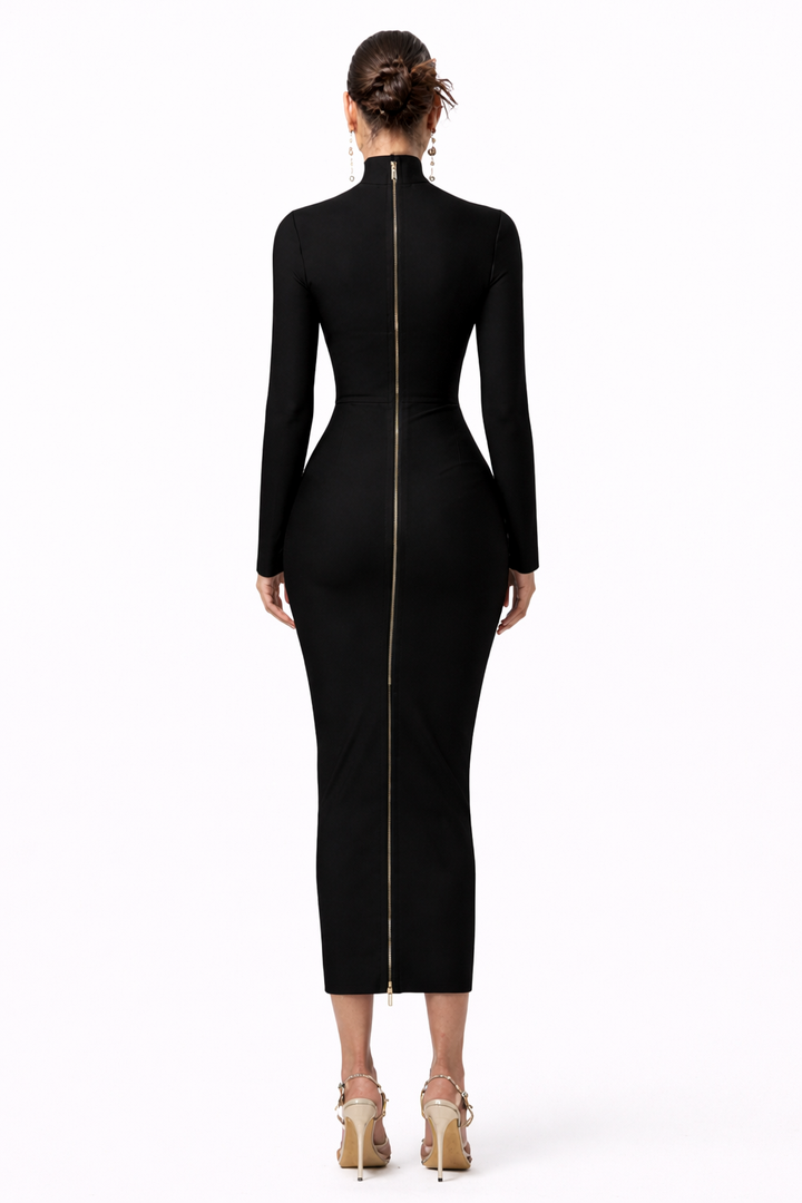High-Neck Long-Sleeve Column Midi Dress – JOON