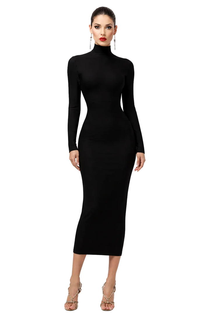 High-Neck Long-Sleeve Column Midi Dress – JOON
