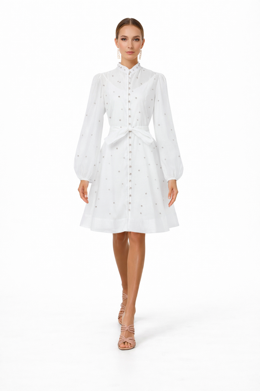 long-sleeve chiffon shirt dress with waist tie – AURORA