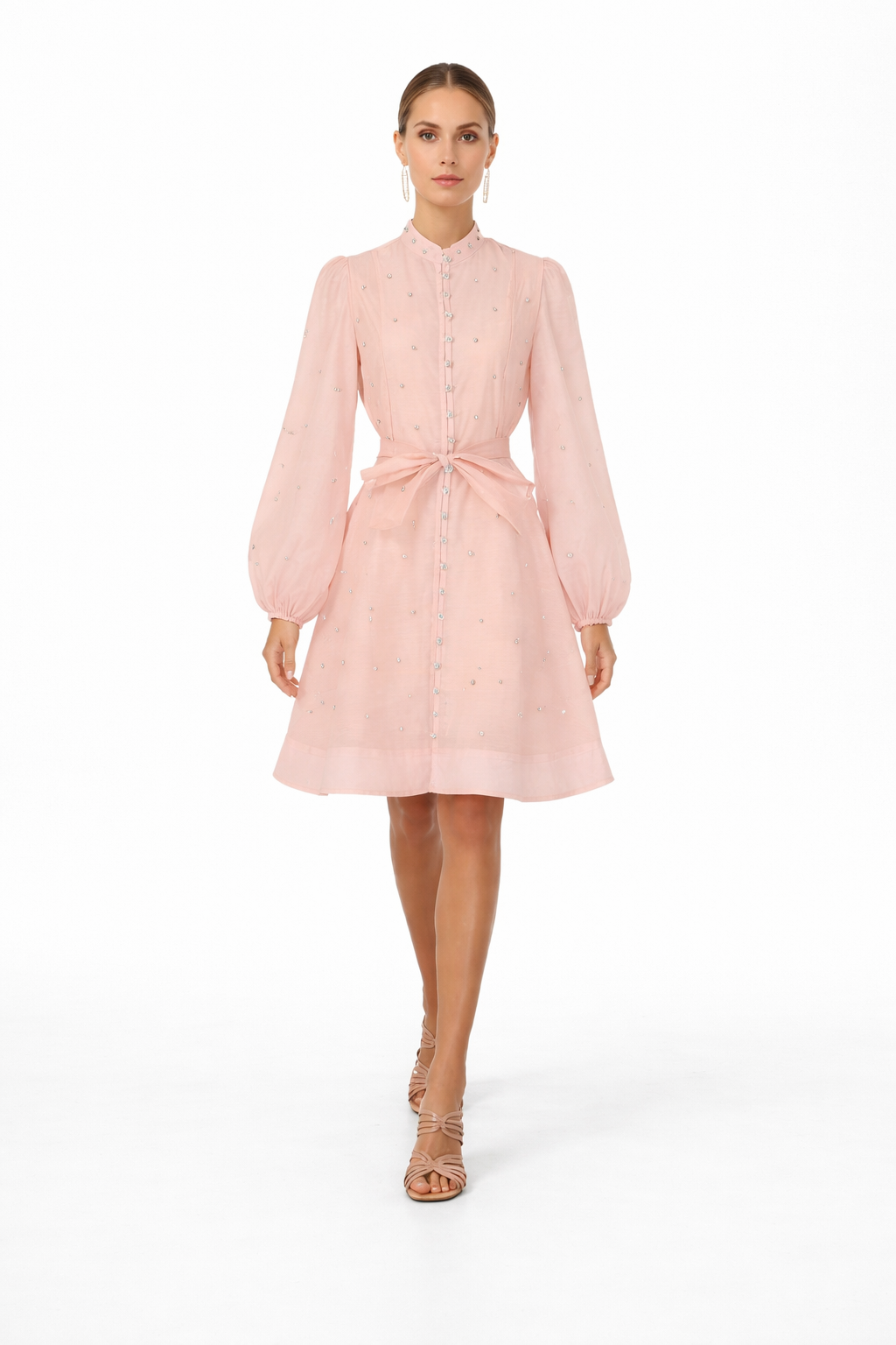 long-sleeve chiffon shirt dress with waist tie – AURORA