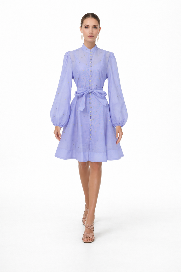 long-sleeve chiffon shirt dress with waist tie – AURORA