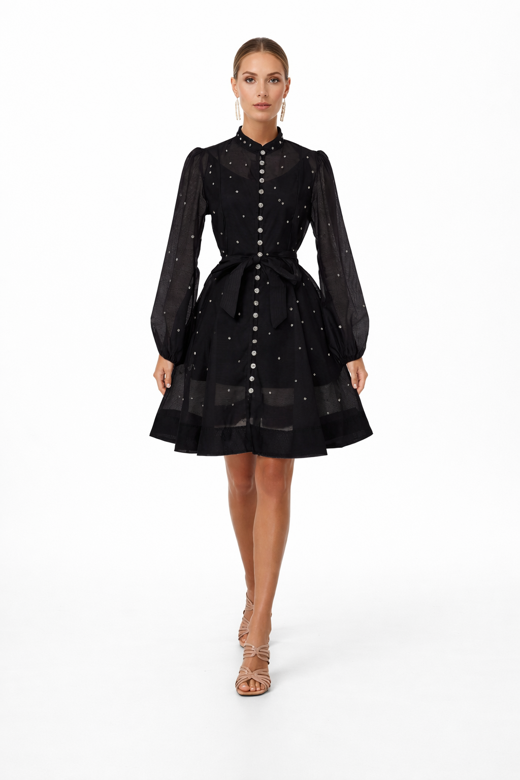 long-sleeve chiffon shirt dress with waist tie – AURORA