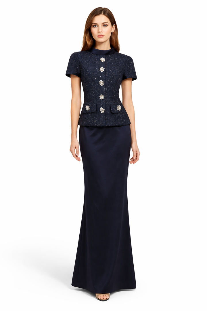 بلوزة بيبلوم من التويد بتصميم أنيق وأزرار كريستالية وتنورة ماكسي من الساتان - نوكتورن