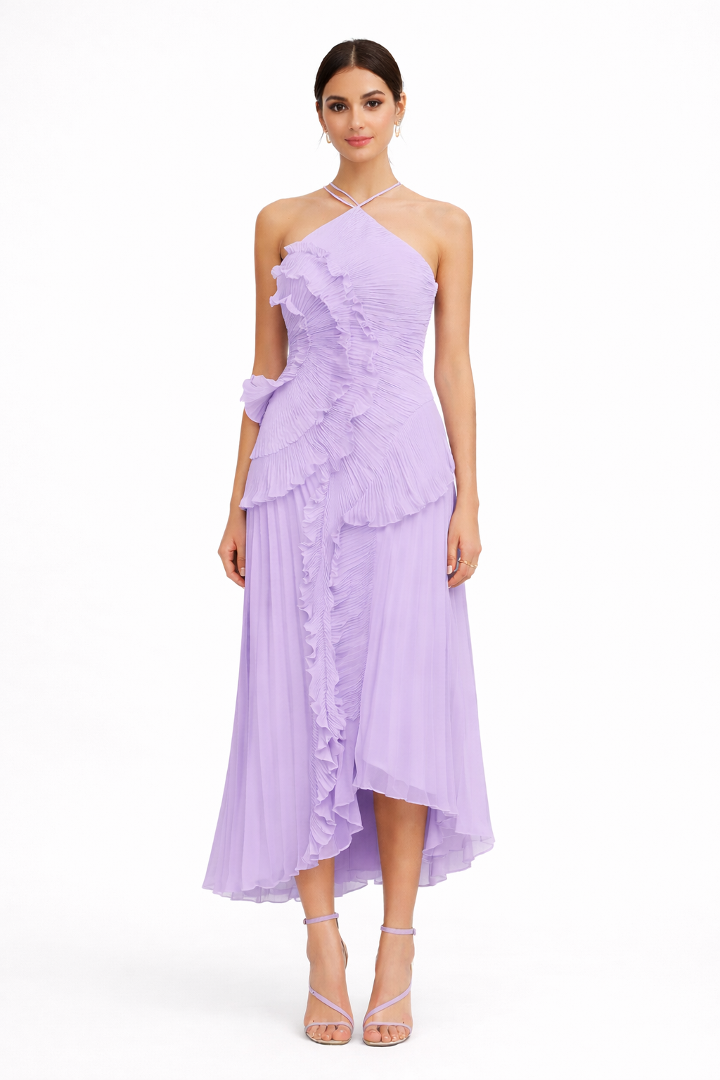 فستان شيفون مطوي بياقة هالتر وكشكشة متدلية – بريز