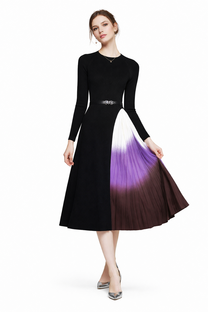 Long-sleeve midi dress with color-block pleated skirt – AURORA