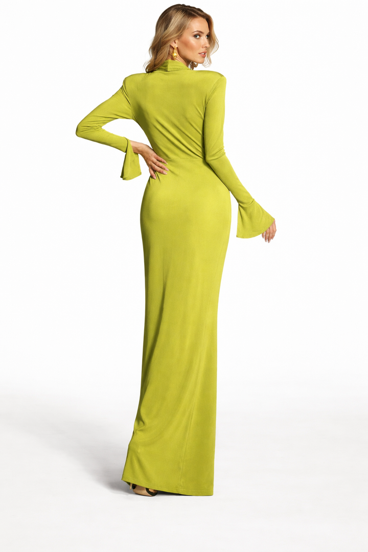long sleeve ruched slit maxi dress with deep V neckline – OLIVIA
