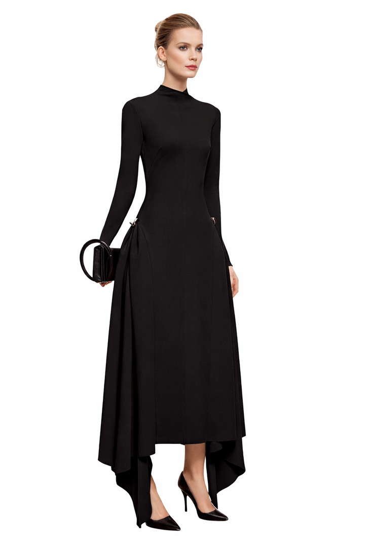 High-neck long-sleeve asymmetric midi dress – EMERALD