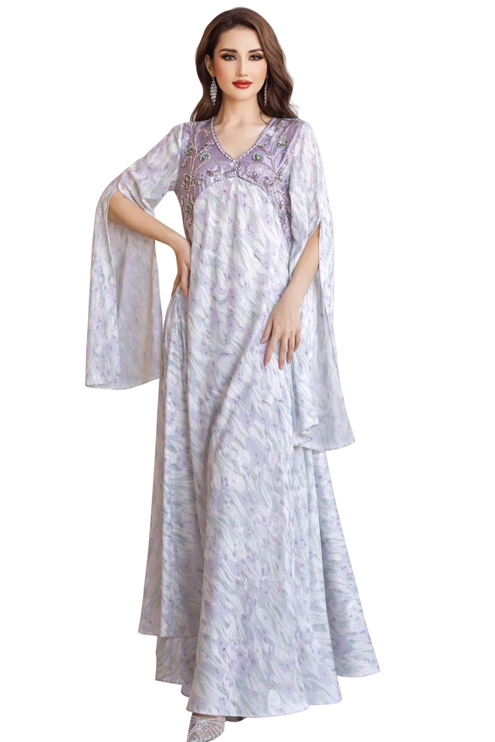 Embroidered Flowing Maxi Dress with Wide Sleeves – LILAC