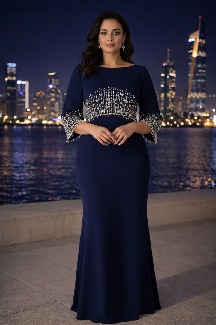 Dreiviertelärmel-Wickelkleid mit Paillettenrevers und Blumenapplikation – ALINA 