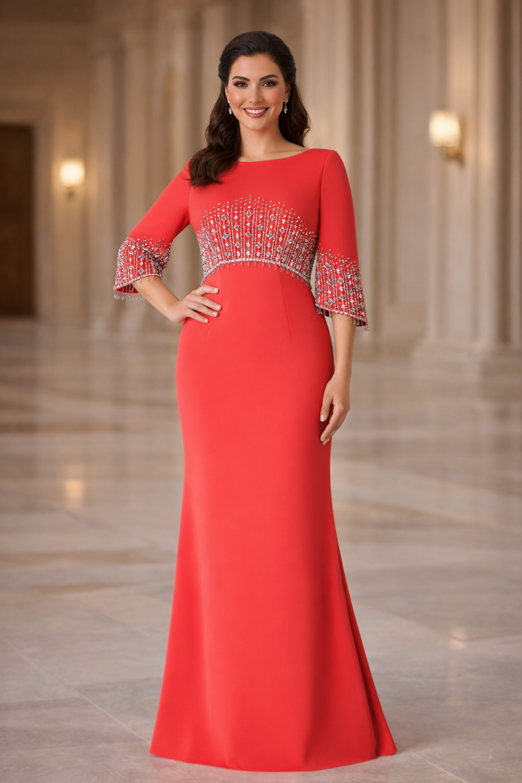 Dreiviertelärmel-Wickelkleid mit Paillettenrevers und Blumenapplikation – ALINA 