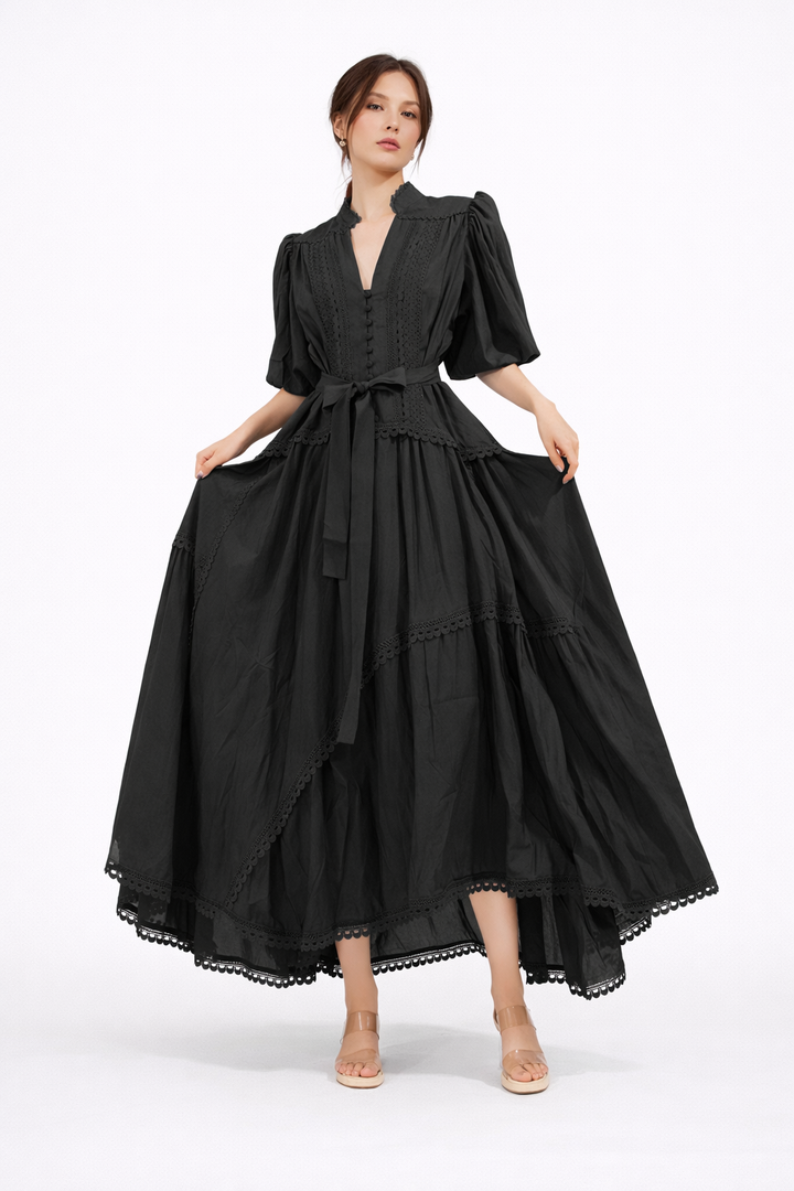 طقم مكون من بلوزة قصيرة وتنورة طويلة من الدانتيل الزهري - أزرق سماوي