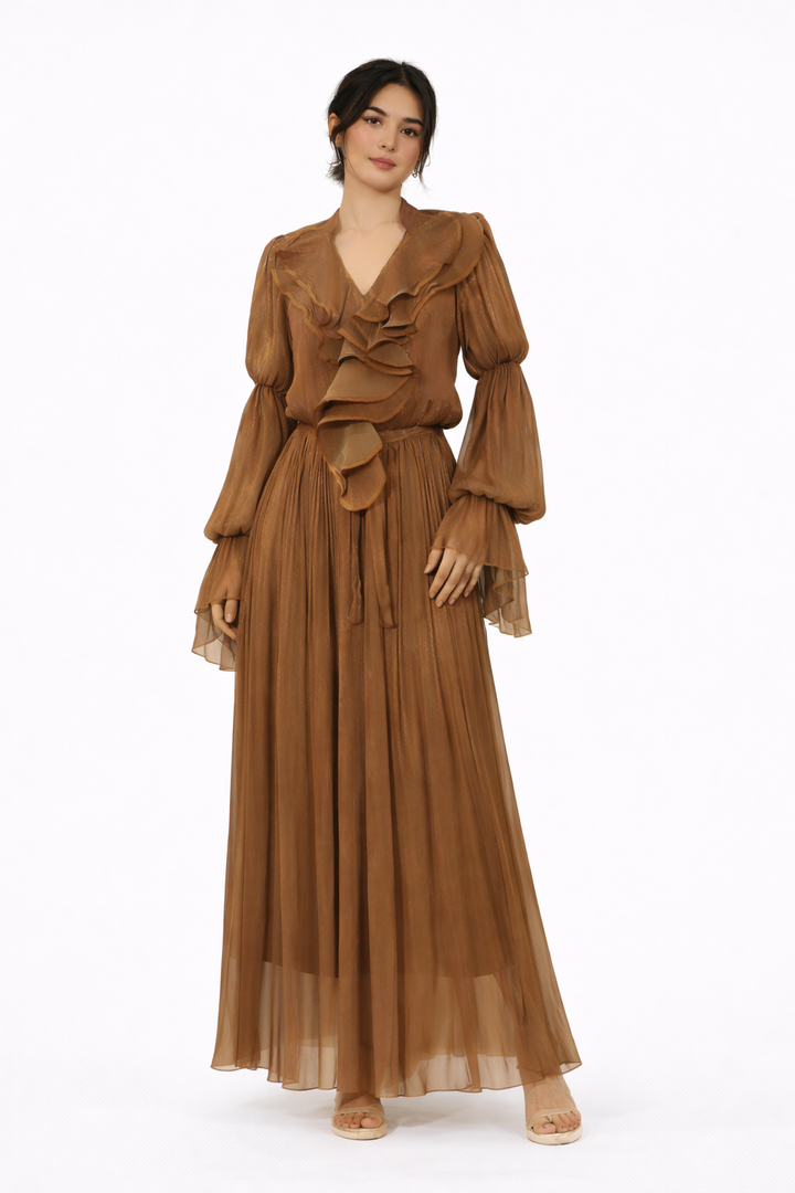 flowing chiffon maxi dress with ruffled neckline – AMBRA