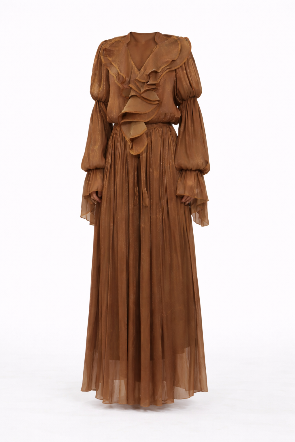 flowing chiffon maxi dress with ruffled neckline – AMBRA