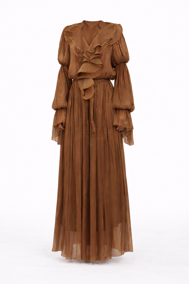 flowing chiffon maxi dress with ruffled neckline – AMBRA