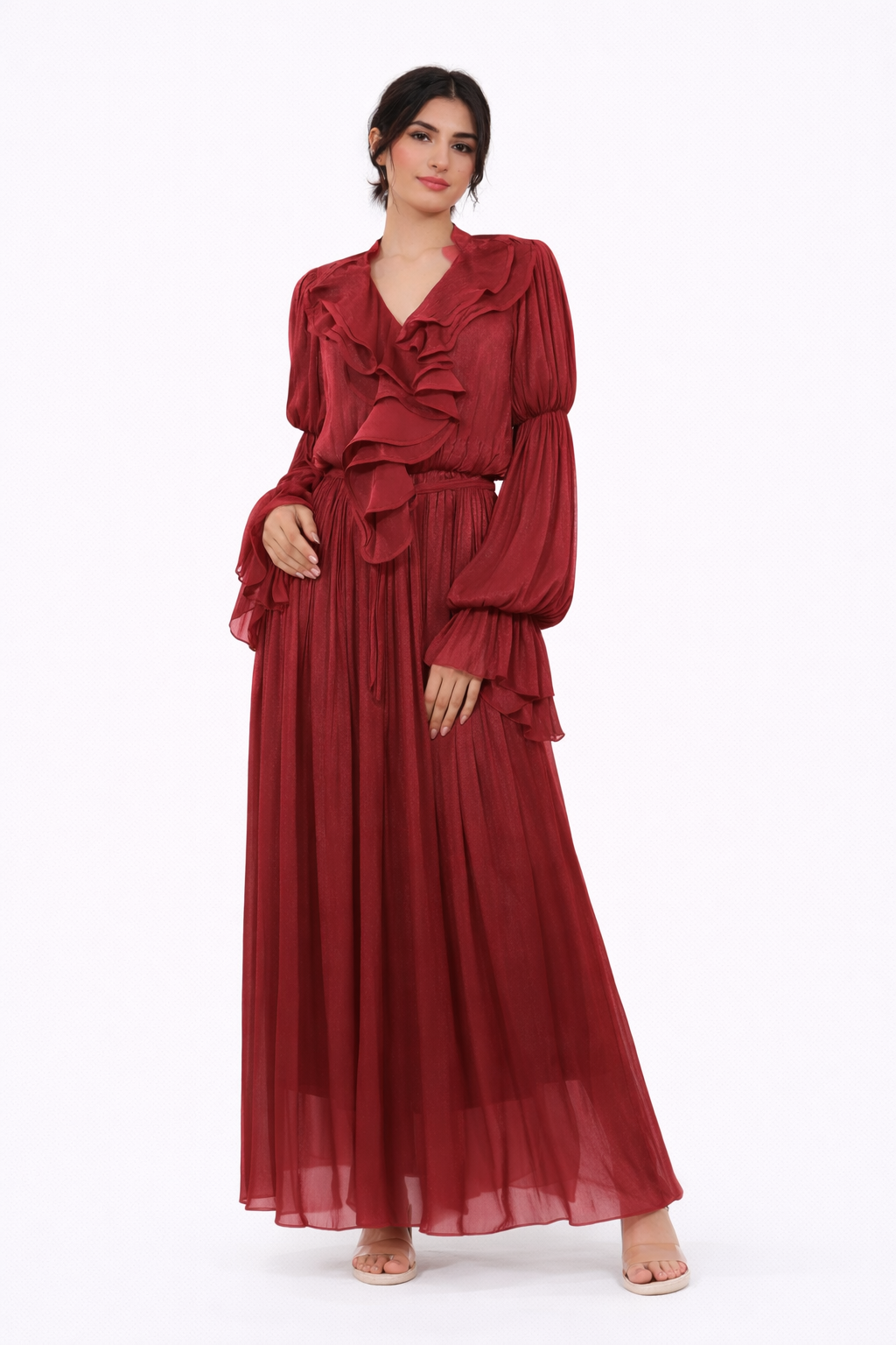 flowing chiffon maxi dress with ruffled neckline – AMBRA
