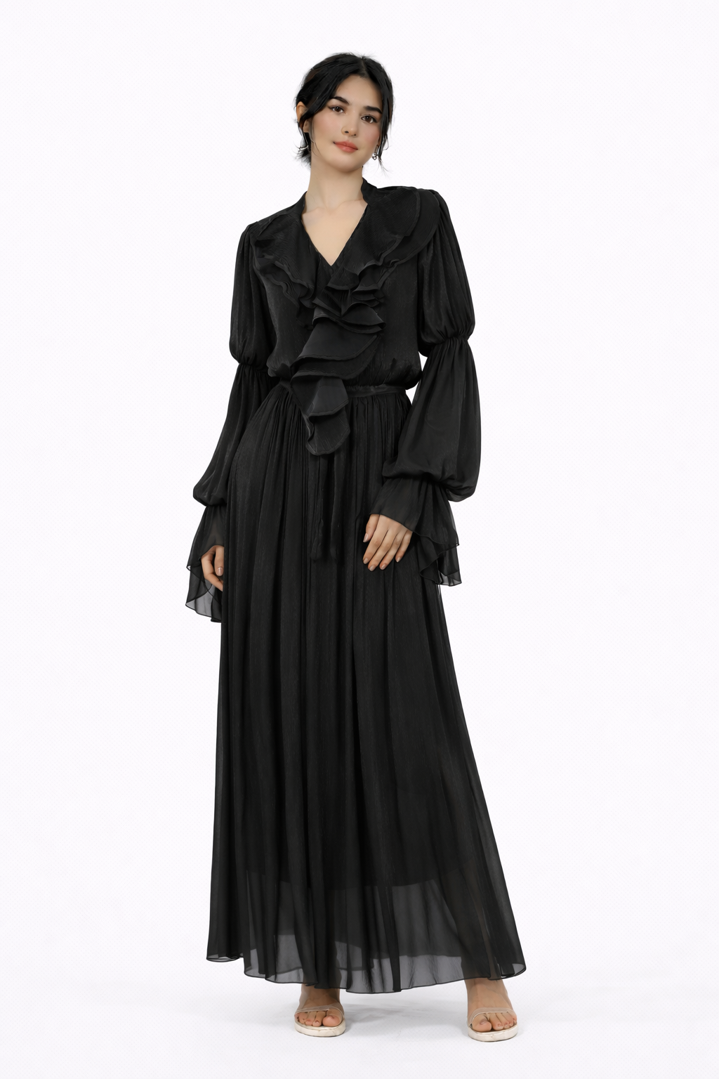 flowing chiffon maxi dress with ruffled neckline – AMBRA