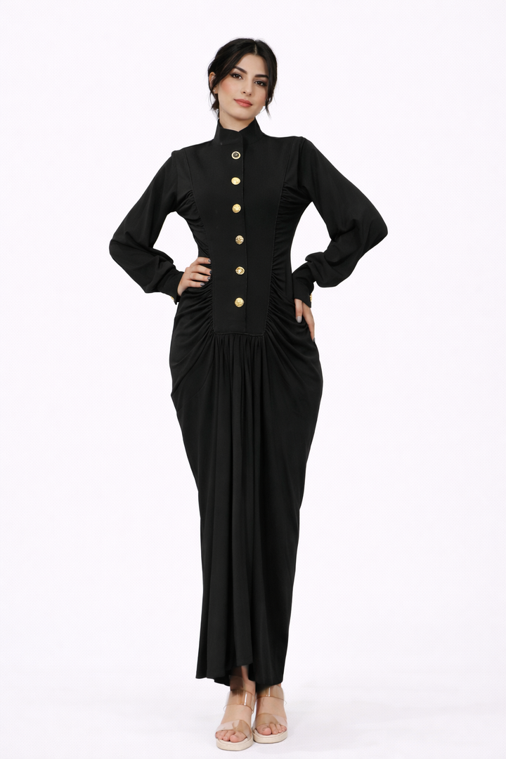 structured ruched maxi dress with gold accents – AURELIA