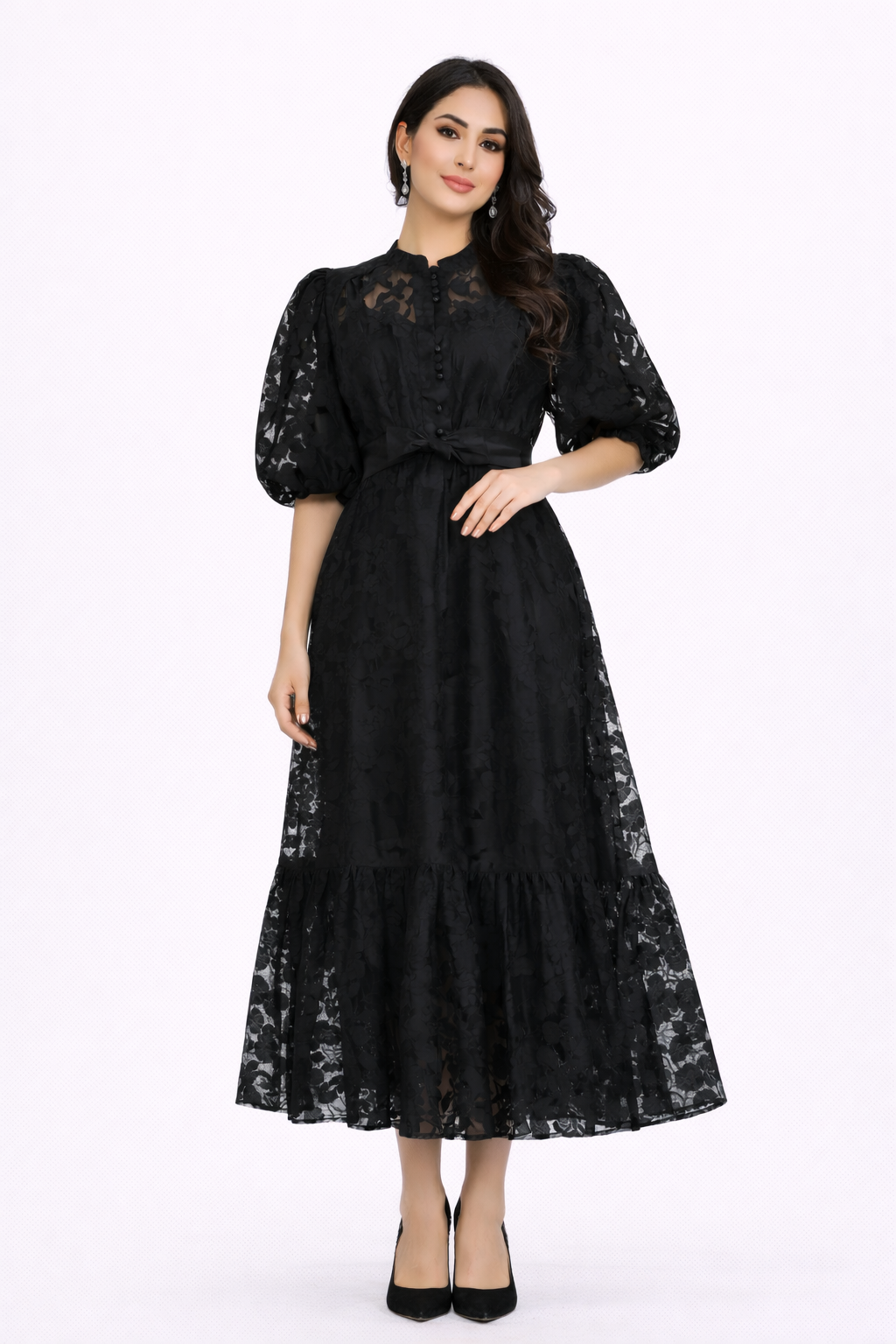 Sheer Lace Puff-Sleeve Maxi Dress – WALDER