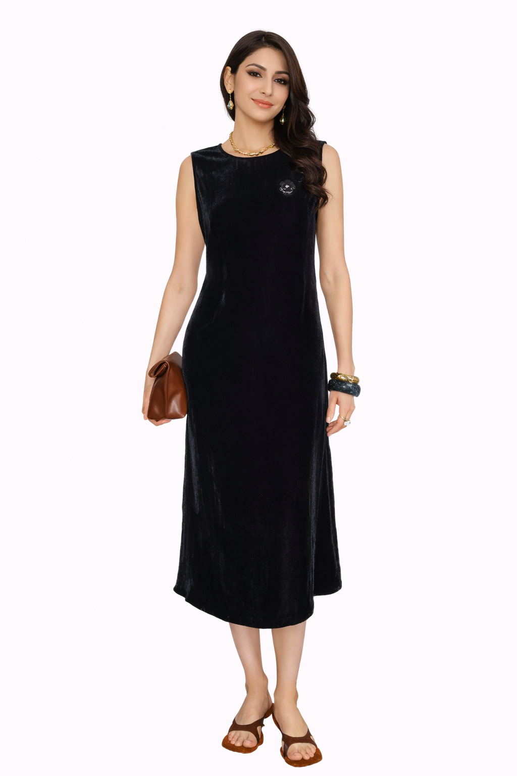 sleeveless velvet midi dress with clean neckline – VELORA