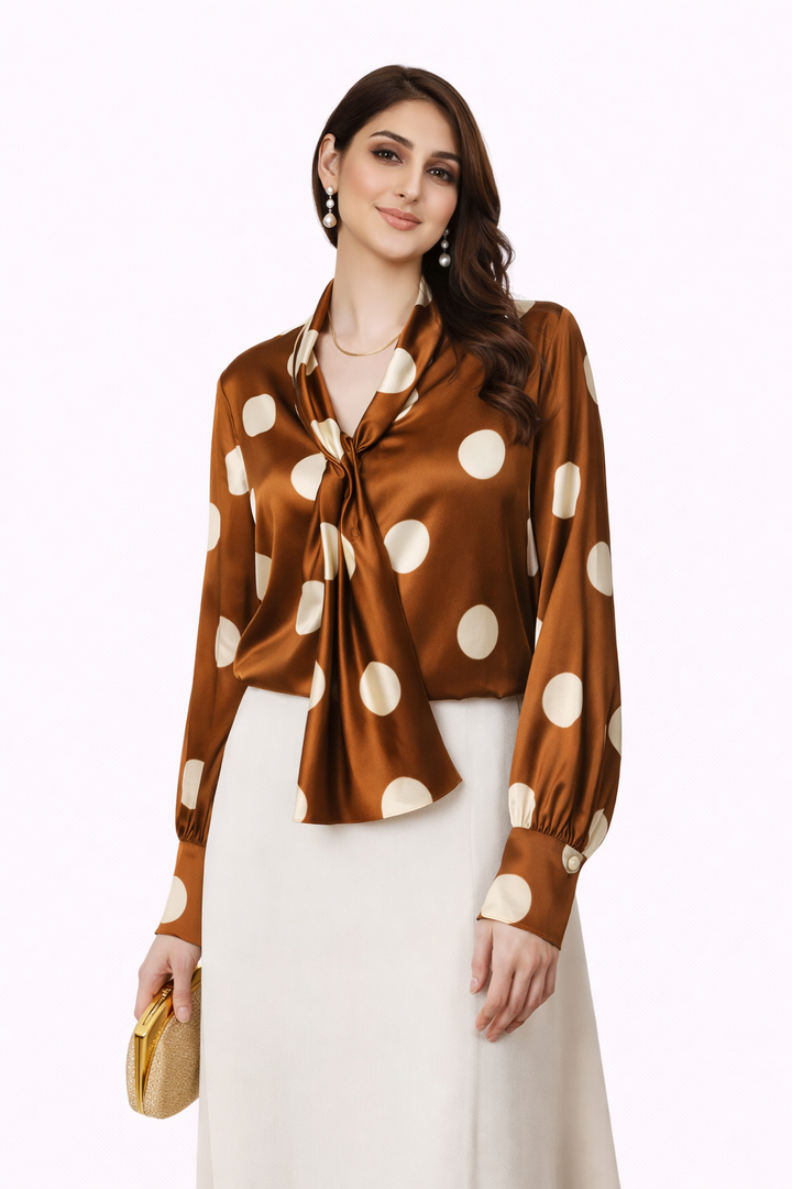 satin polka-dot blouse with draped tie-neck – LUMINA