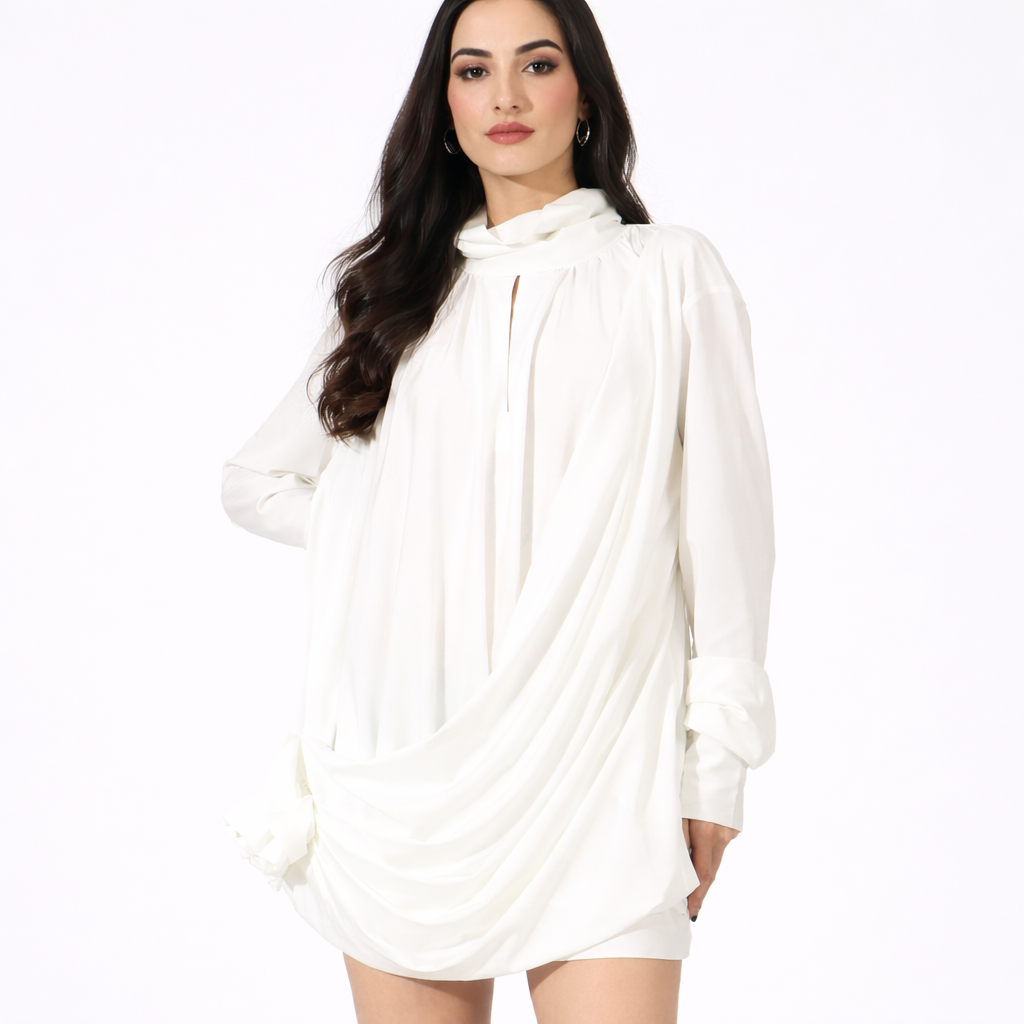 high-neck draped mini dress with gathered sleeves – IVORY