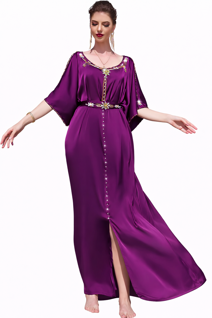 فستان ميدي غير متماثل بأكمام طويلة وياقة عالية - لون الزمرد