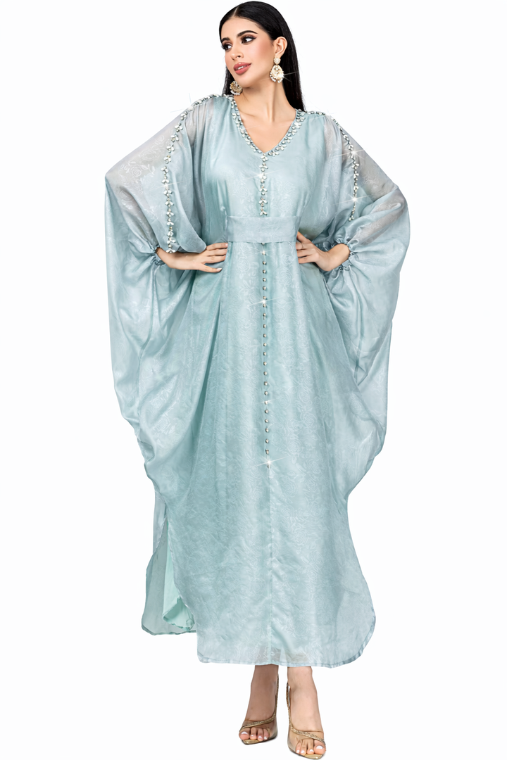 فستان ميدي غير متماثل بأكمام طويلة وياقة عالية - لون الزمرد