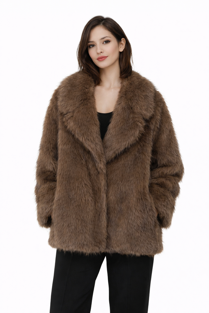 short faux fur coat with classic lapel – CARAMELLA