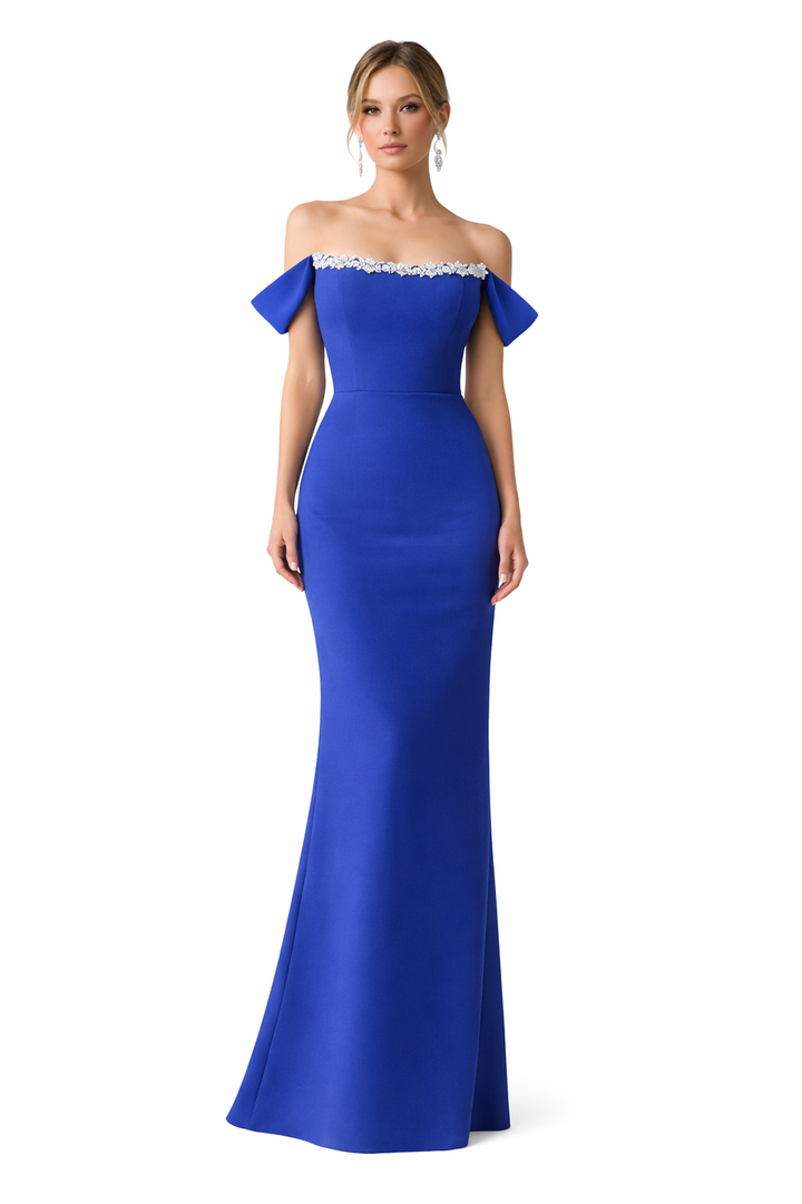 off-shoulder column dress with crystal neckline – AZURE