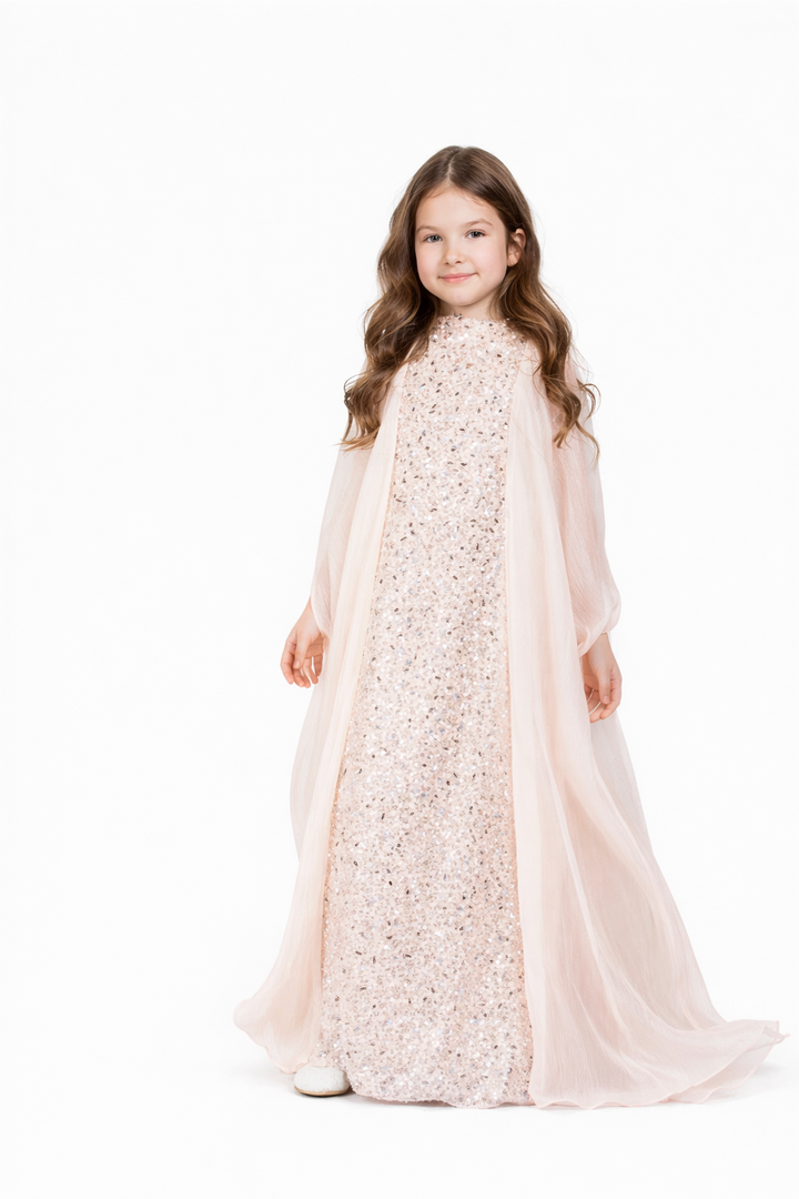 Sequin Column Maxi Dress with Sheer Cape Overlay – BLUSH