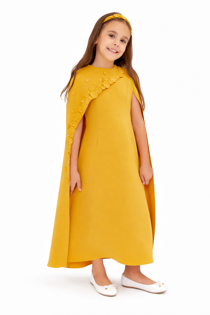 Asymmetric Cape Maxi Dress with Floral Appliqué – PETAL