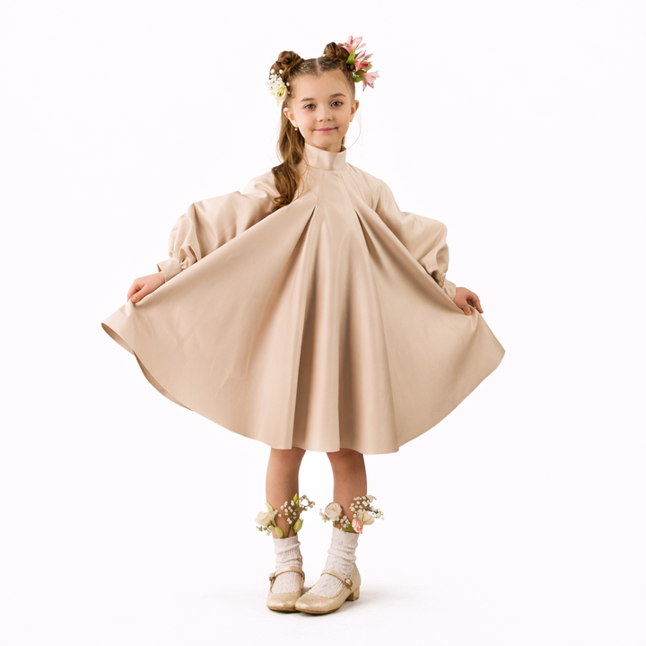 High-Neck A-Line Dress with Balloon Sleeves – PETALIA