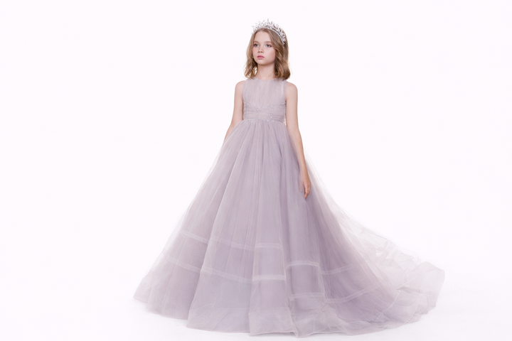 Sleeveless Layered Tulle Ball Gown with Beaded Waist – ELYSIA