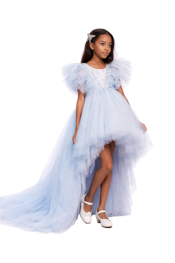 Asymmetric Tulle Dress with Layered Ruffles and Beaded Bodice – CELESTE