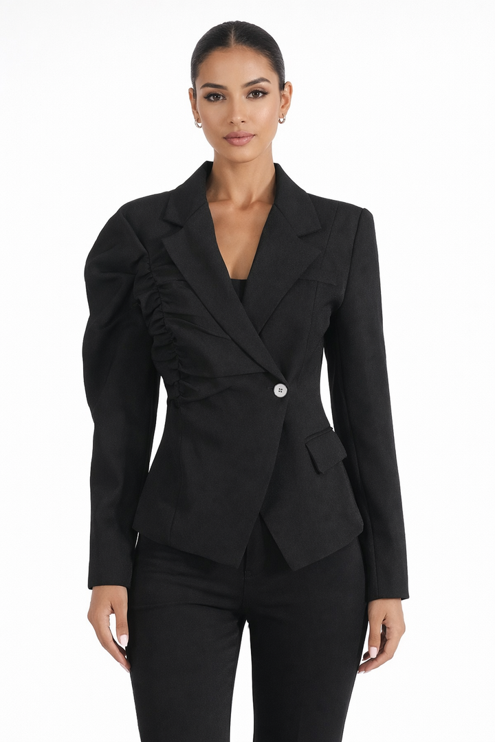 Asymmetric Tailored Blazer with Ruffled Sleeve – NOIR