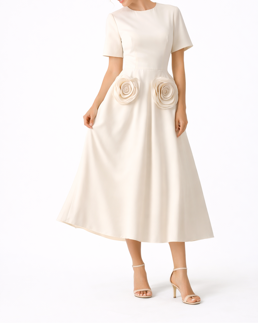 فستان ماكسي قصير الأكمام بقصة A-Line مزين بتطريزات زهرية عند الخصر - لومينا