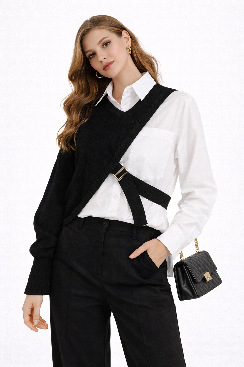 قميص متعدد الطبقات بتصميم متباين مع لوحة محبوكة غير متماثلة - مونو