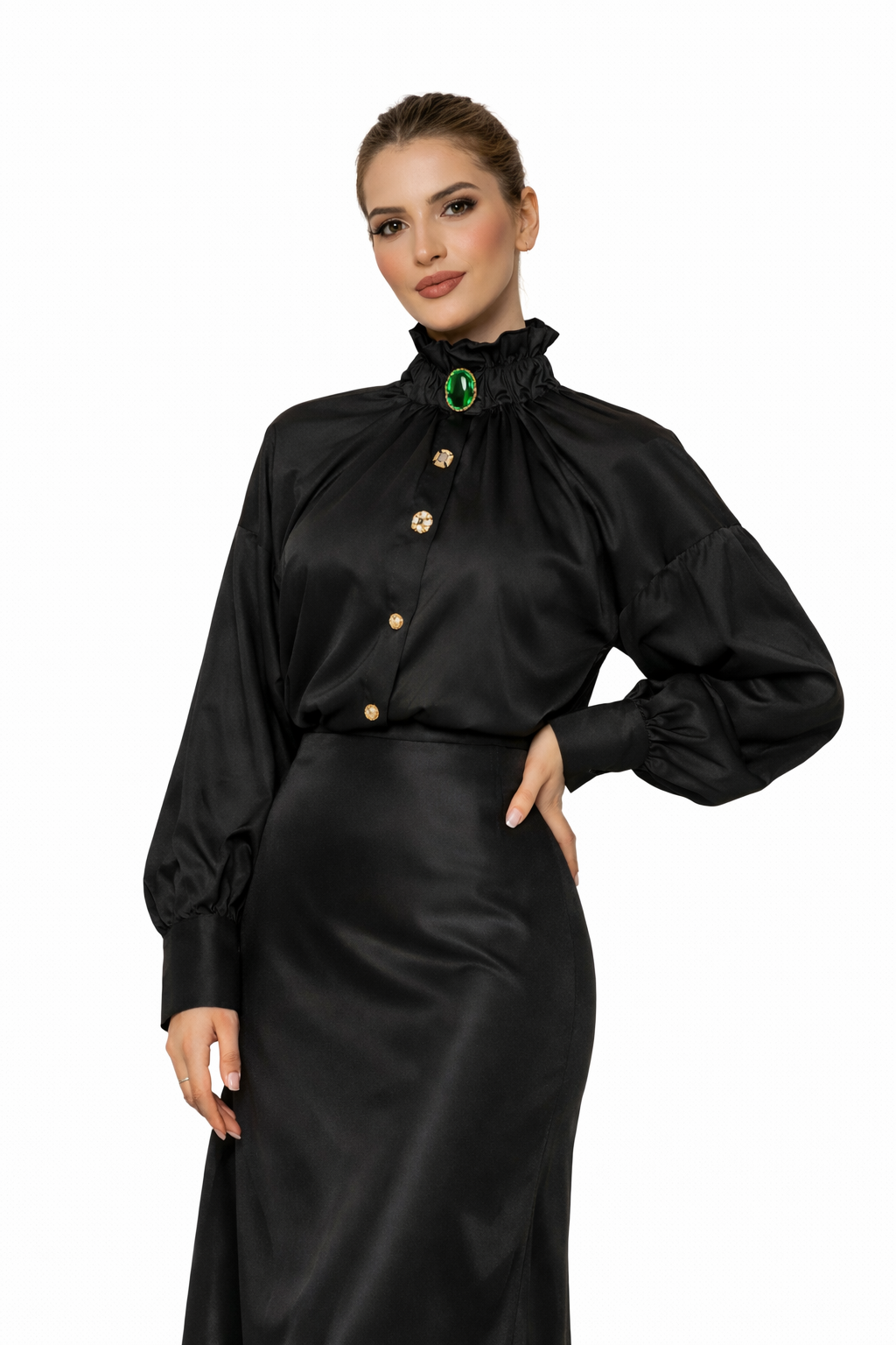 High-Neck Ruffled Blouse with Jewel Button – EMERALD
