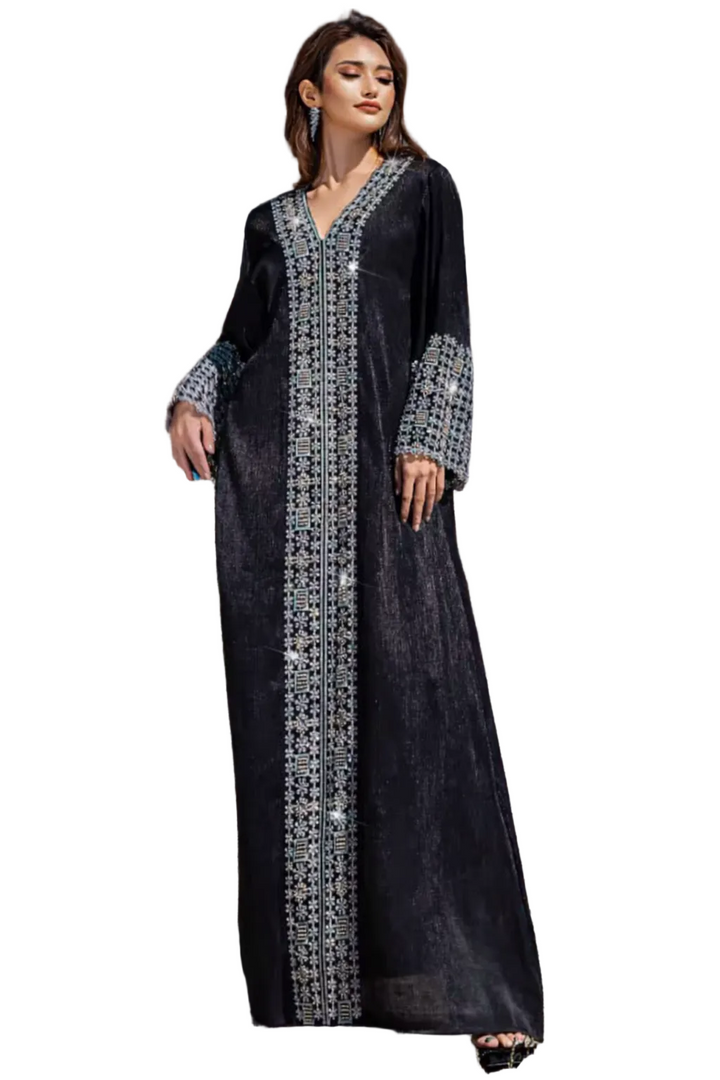 Embroidered Black Open Abaya with V-Neck Detail – SAFIYA