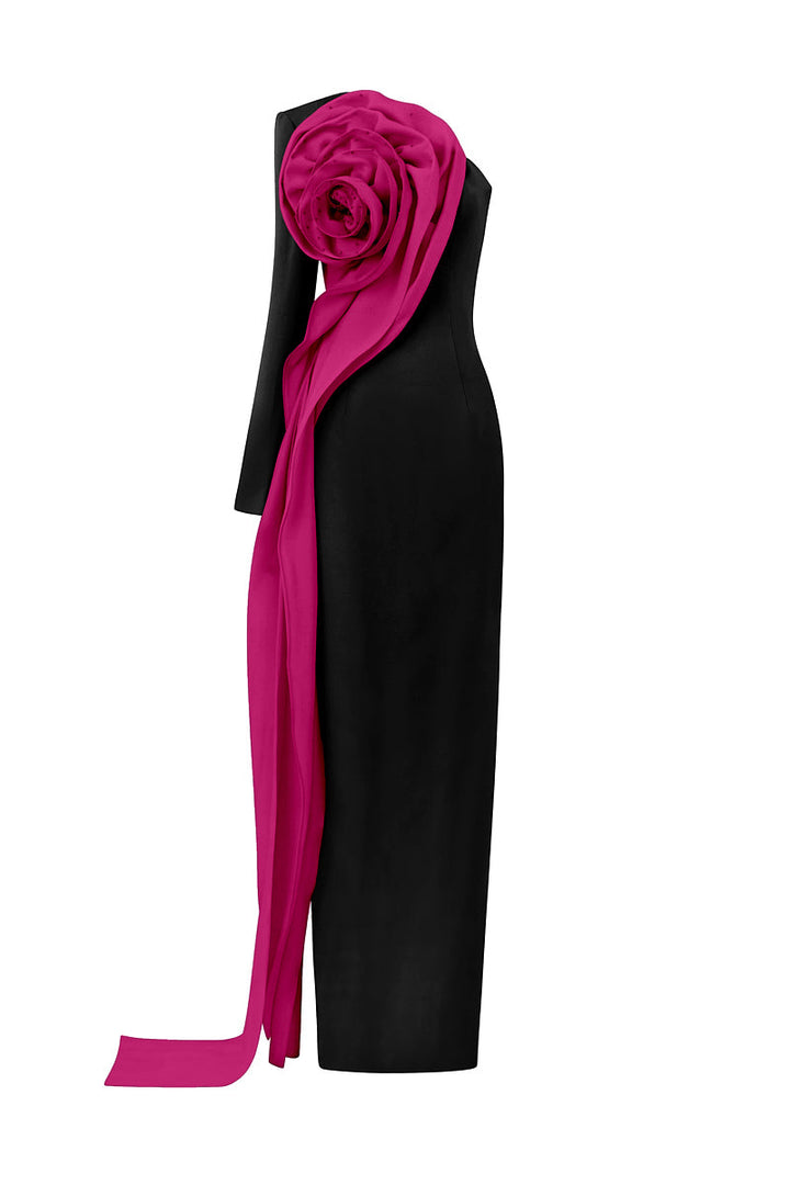 فستان بكتف واحد مع ثنيات وردية ثلاثية الأبعاد كبيرة الحجم - روزابيل