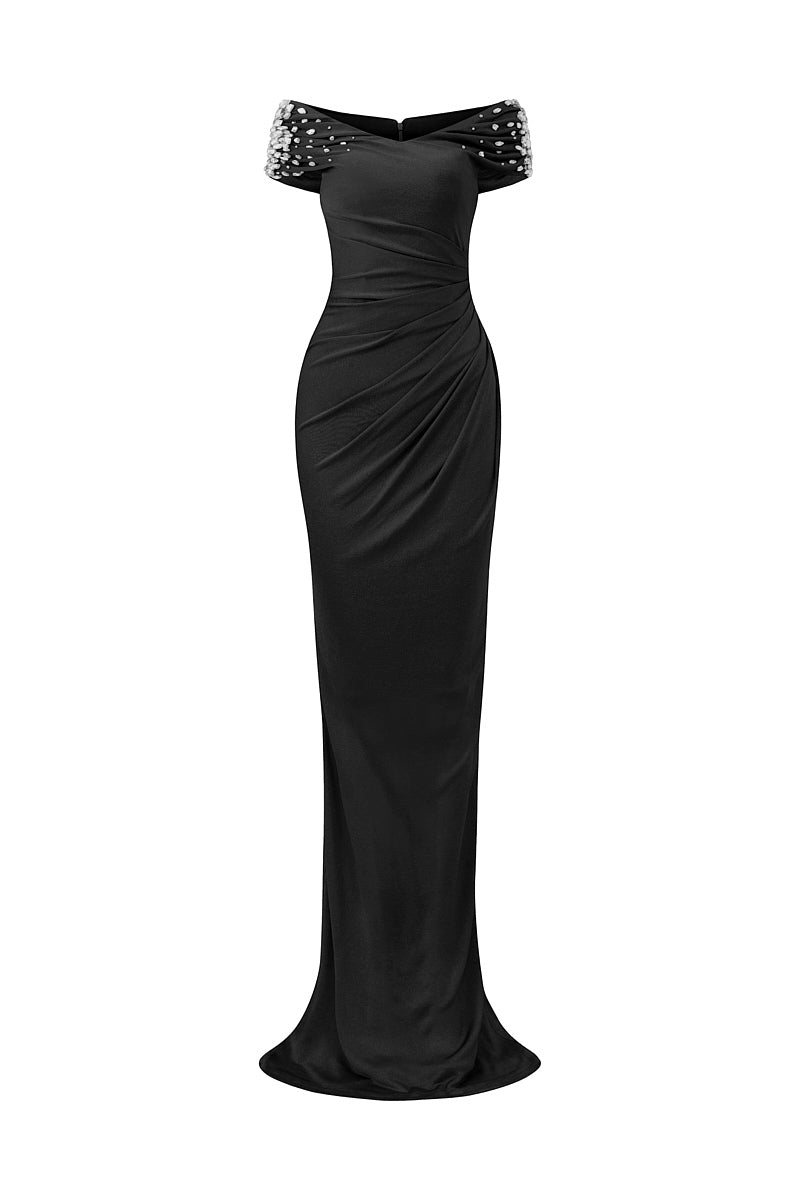 فستان مخملي مكشوف الكتفين بأكمام مزينة – نوار