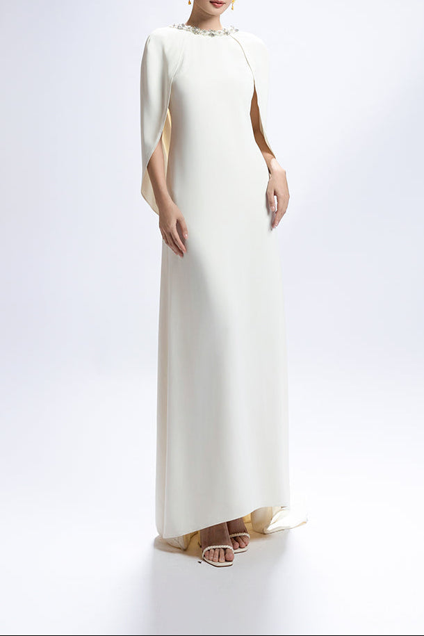 فستان مزخرف بأكمام على شكل رأس مع تصميم عمودي أنيق – عاجي